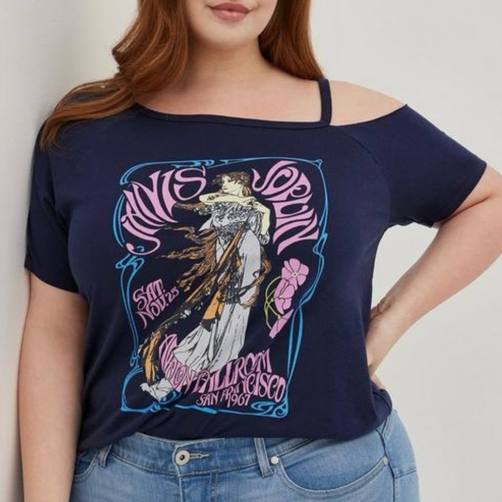 TORRID Janis Joplin One Shoulder Cotton Tee Graphic Concert T-Shirt Navy Blue 3X